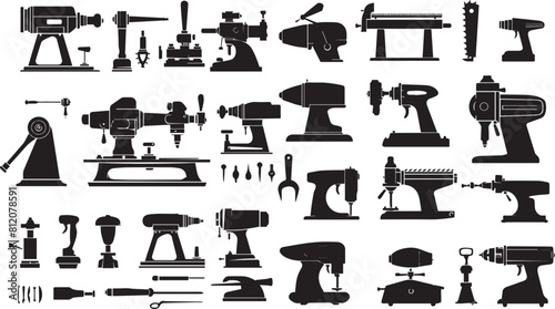Black & White Silhouette of Vintage Metalworking Tools: Anvil, Drills, & Machinery Collection