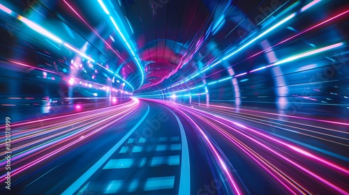 A vibrant tunnel illuminated with dynamic streaks of neon light