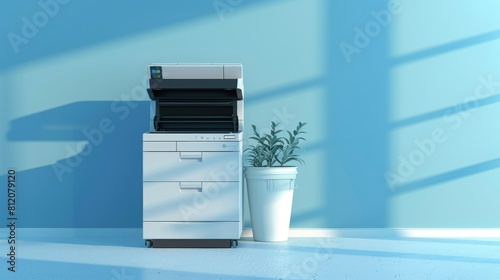 Multifunction Printer in Office Setting with 3D Rendered Plastic Garbage Bin - Ideal Background