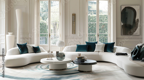 Modern interior with art. Living room with white sofas