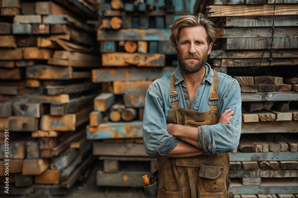 Carpenter posing in lumber storage area Carpenter posing in lumber storage area