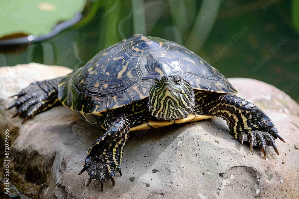 Obraz premium California Western Pond Turtle Resting on Rock at Duck Pond - Relaxing in Nature