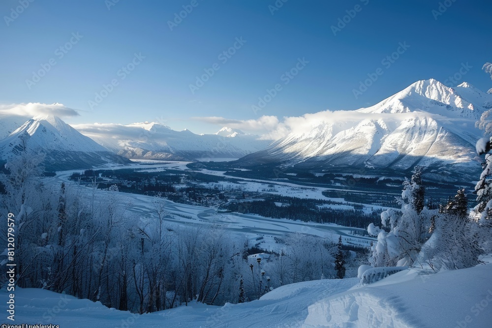 Winter Wonderland: Spectacular Snowy Mountain View in Alyeska, Alaska - Perfect for Skiing Winter Wonderland: Spectacular Snowy Mountain View in Alyeska, Alaska - Perfect for Skiing