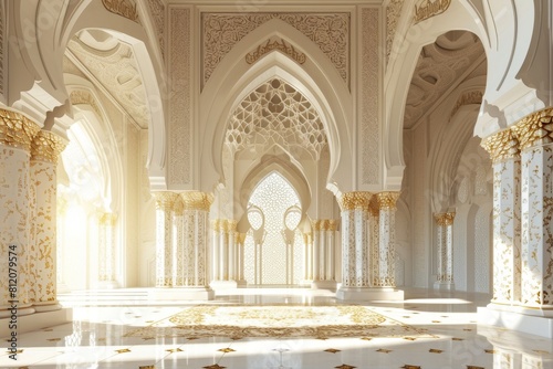 Mosque elements in ornate , Islamic architecture style interior. White, golden colors, stars Ramadan Kareem. Muslim community festival, AI-generated