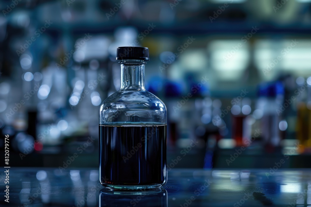 Toluene Liquid Chemical Compound in Dark Glass Bottle - Selective Focus with Copy Space Toluene Liquid Chemical Compound in Dark Glass Bottle - Selective Focus with Copy Space