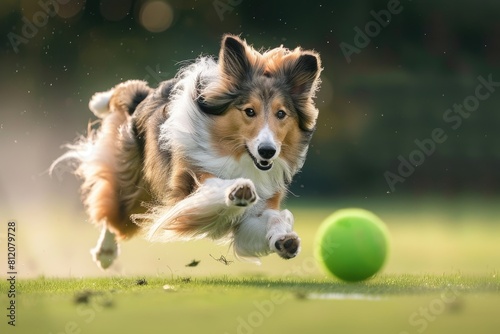 Canine Flyball Competition: Shetland Sheepdog Racing to Catch the Ball in Action-Packed Sport Event photo