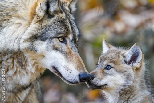Grey Wolf Mom with Her Pup. A Beautiful Display of Wildlife Bonding and Nature s Predators in Grey