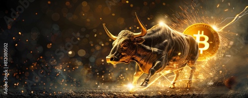 A photomontage a bull made of gold metal charging towards a digital Bitcoin symbol floating in the air, sparks flying from its hooves photo