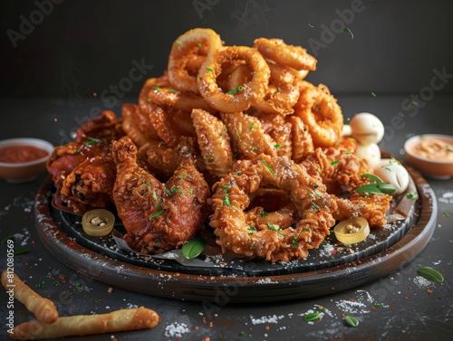 A photorealistic image of a deepfried platter with chicken wings, onion rings, and mozzarella sticks, showcasing unhealthy deepfrying methods photo