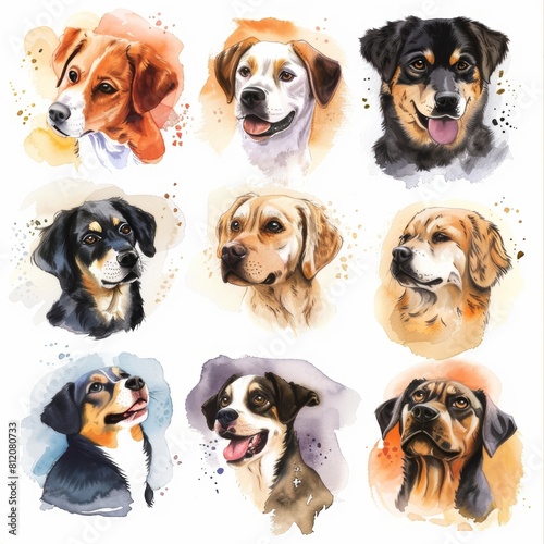 Adorable Watercolor Portraits of Different Dog Breeds Generative AI