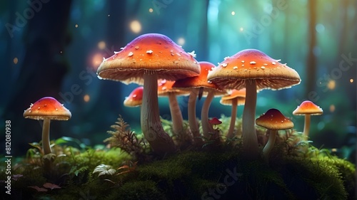 Magical mushrooms in a fantasy forest reminiscent of a fairy tale. Gorgeous close-up of a fungus known as a magic mushroom. Digital art, magical light