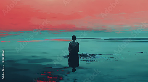 Alone silhouette of a man in the sea. Lonely depressed anxiety concept