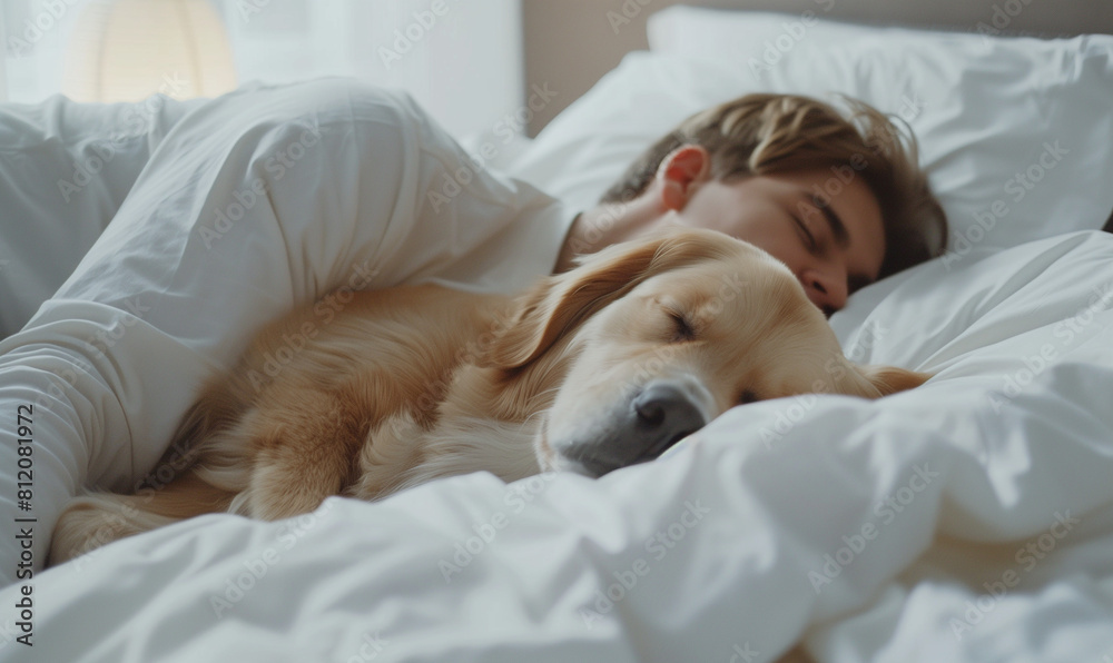 A young man and a dog sleep together on a white bed at home, showing the extraordinary bond and understanding between them. Their peaceful sleep symbolizes unconditional love and support. A young man and a dog sleep together on a white bed at home, showing the extraordinary bond and understanding between them. Their peaceful sleep symbolizes unconditional love and support.