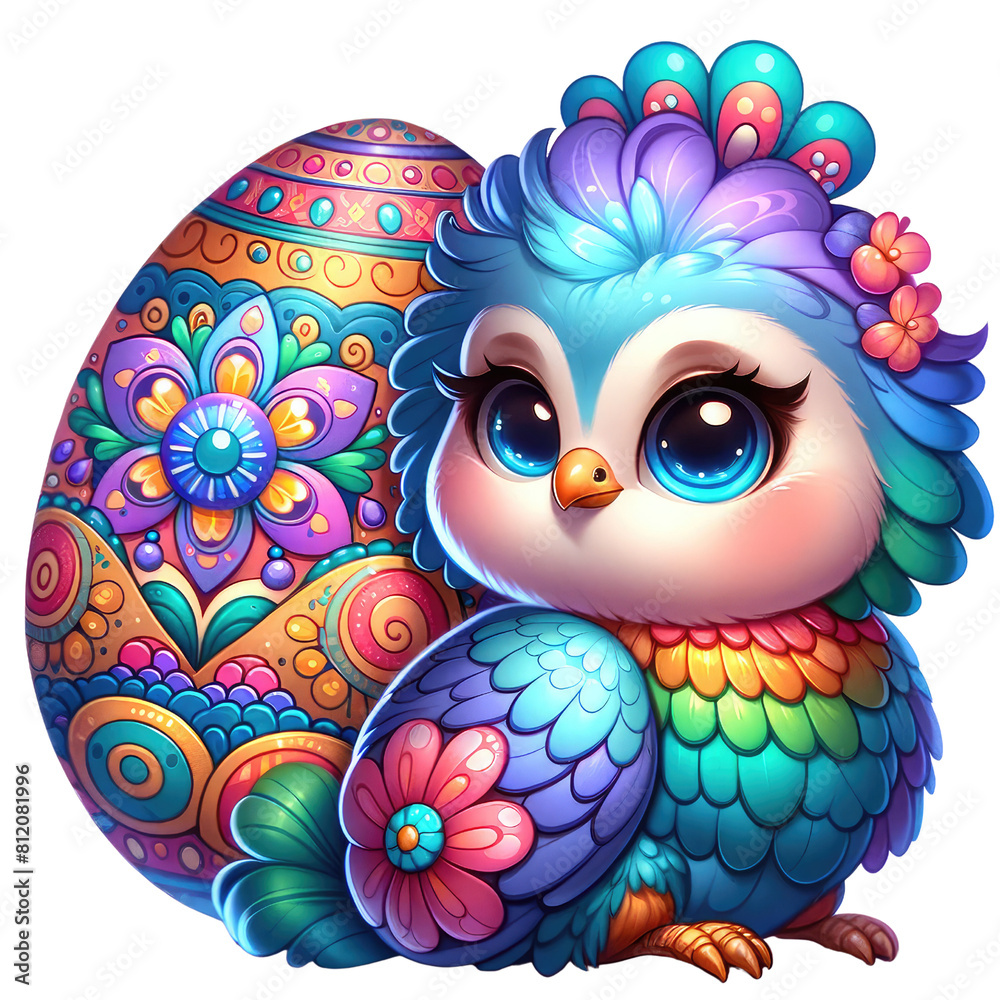 A colorful cartoon bird with big eyes and a friendly smile sits next to an Easter egg decorated with flowers and geometric designs.