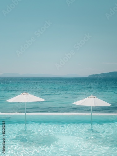 A serene beach escape with crystal clear waters embraced by distant hills and two inviting white sun umbrellas