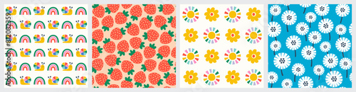 Set of summer vector seamless patterns. Childish cute naive hand drawn summer patterns design for children's textile, packaging, paper bags, wrapping paper © fireflamenco