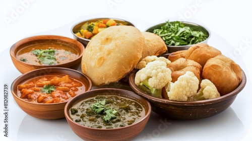 Assorted Indian dishes in pottery bowls served with fluffy naan bread