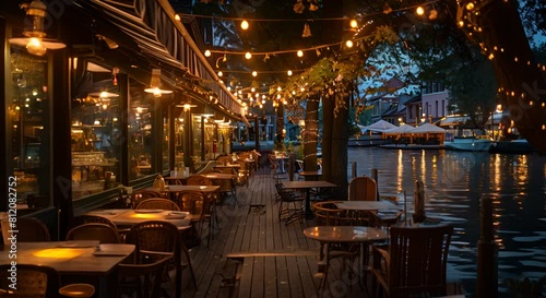 guinguette restaurant au bord de l'eau avec terrasse ombragée et guirlandes lumineuse photo