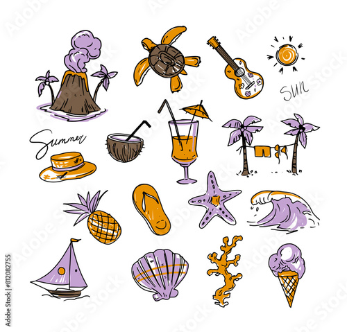 Summer set of objects, beach illustrations. Vector doodles, rough sketches