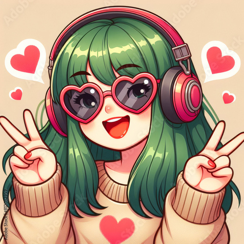 K-Pop Cutie: Green-Haired Girl Sends Finger Hearts with Joy. Kawaii Vibes. generative AI © EVISUAL