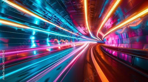 Futuristic tunnel bathed in neon lights with streaks of speeding cars