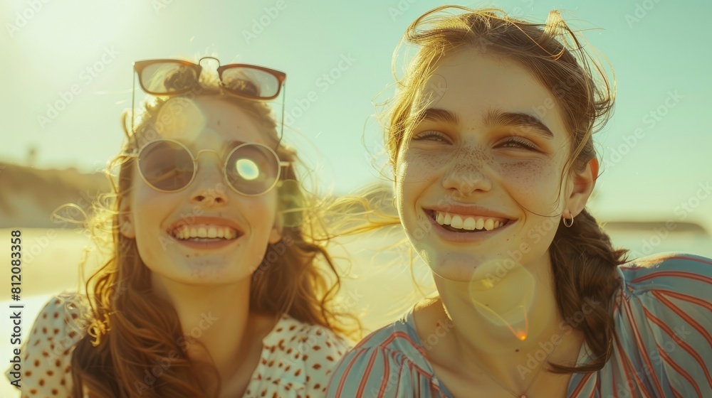A delightful outdoor snapshot captures two happy young women enjoying a sunny day at the beach during their holiday by the sea A delightful outdoor snapshot captures two happy young women enjoying a sunny day at the beach during their holiday by the sea