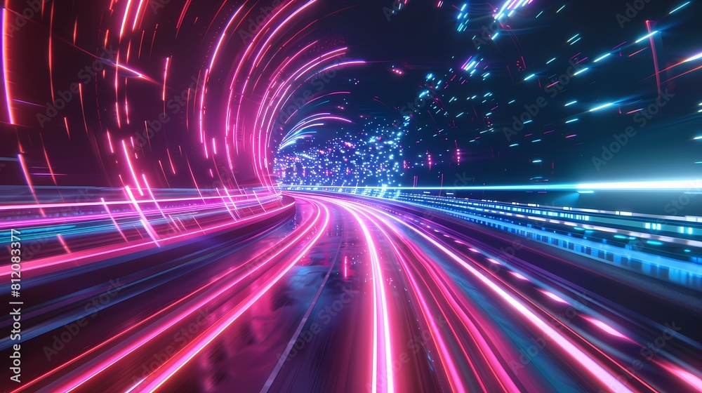 Neon lights speed through a futuristic tunnel blurring lines between reality and sci fi Neon lights speed through a futuristic tunnel blurring lines between reality and sci fi