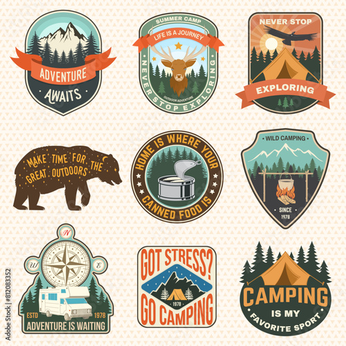 Set of Summer camp patches. Vector. Concept for shirt or logo, print, stamp, patch or tee. Stickers with trailer camper, can fish, bear, camping tent, forest, mountain.