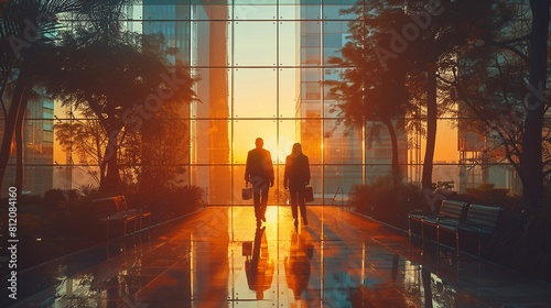 Two silhouettes of people in the business center. AI generate illustration