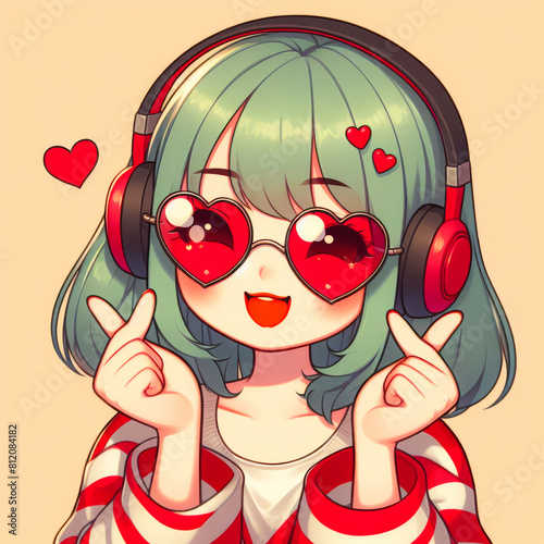 K-Pop Cutie: Green-Haired Girl Sends Finger Hearts with Joy. Kawaii Vibes. generative AI © EVISUAL