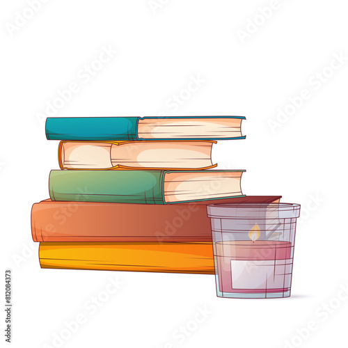 Vector illustration of pile of books with candle. Use for decoration of interior. Bookshop, book lover, library concept.