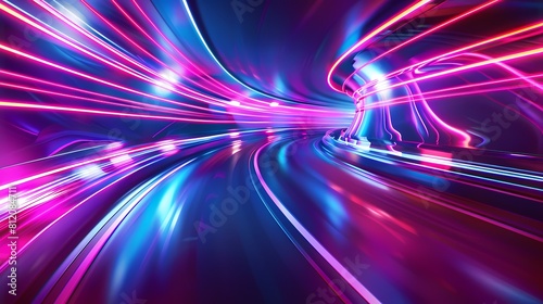 Neon lights speed through a digital tunnel