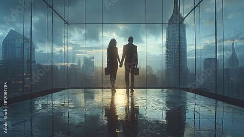 Two silhouettes of people in the business center. AI generate illustration
