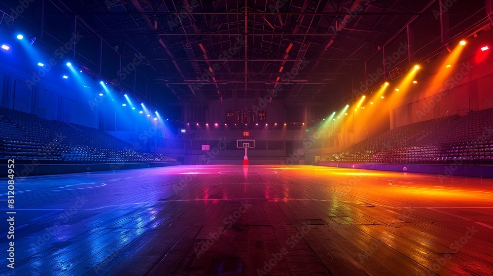 Basketball Arena Vibrant Colors: A photo showcasing an empty basketball arena with vibrant colors Basketball Arena Vibrant Colors: A photo showcasing an empty basketball arena with vibrant colors