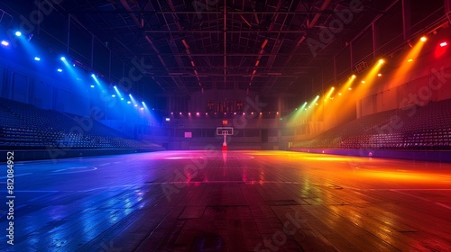 Basketball Arena Vibrant Colors  A photo showcasing an empty basketball arena with vibrant colors