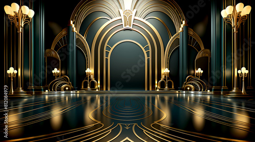 Vector abstract art deco luxury pattern, golden vintage artistic background with geometric shapes, archs and swirls. Linear retro ornament, gatsby card