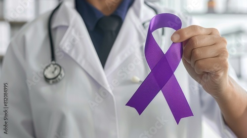 A doctor holds a purple ribbon to raise awareness for ADD and ADHD highlighting the importance of medical care and support for these conditions photo