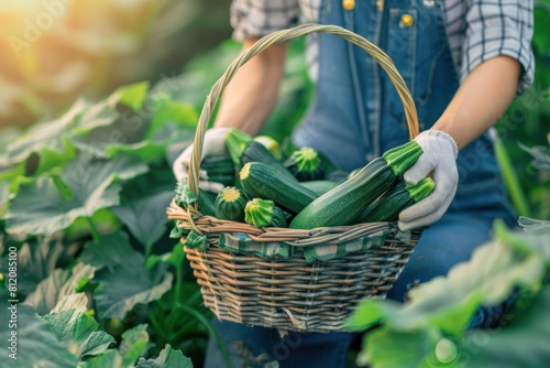 A farmer's hands holding a basket of freshly picked green zucchinis, highlighting the summer harvest.