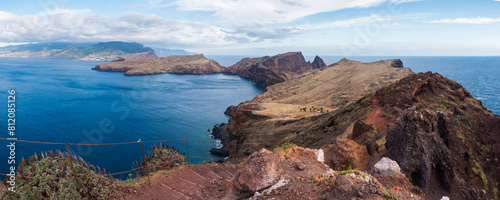Panoramic view of Cape Ponta de Sao Lourenco, Canical, East coast of Madeira Island, Portugal. Scenic volcanic landscape of Atlantic Ocean, rocks and cllifs and sky. Seen from popular hiking trail PR8