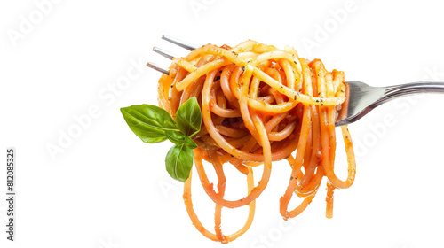 Fork lifting spaghetti with tomato sauce and a basil leaf on a white background