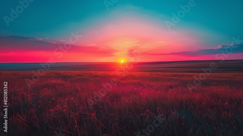 Fields and Meadows Grassland Sunset  A neon photo capturing the beauty of a grassland at sunset
