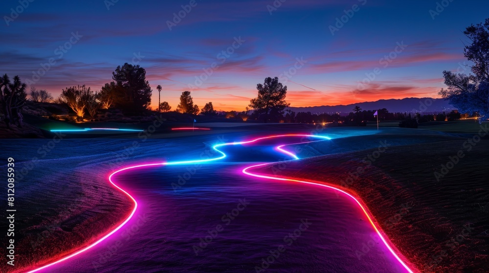 Golf Courses Neon Glow: A photo showcasing the neon glow of empty golf courses