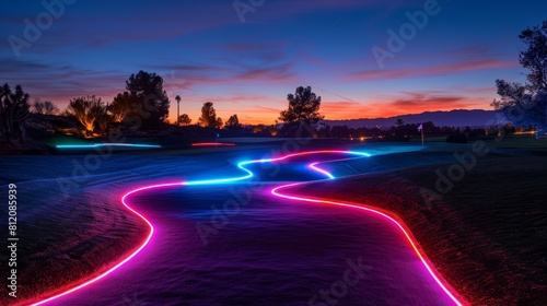Golf Courses Neon Glow: A photo showcasing the neon glow of empty golf courses