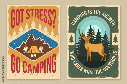 Set of camping retro posters. Vector illustration. Flyer, brochure, banner template design with travel inspirational quotes, landscape, deer, camping tent, forest and mountain silhouette.