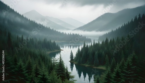 A dense, evergreen forest with a serene lake, surrounded by a moody, overcast atmosphere © aicha
