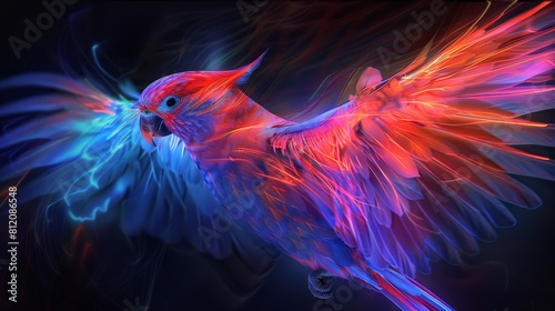 Neon Birds Avian Elegance: A photo capturing the avian elegance of birds illuminated in neon colors