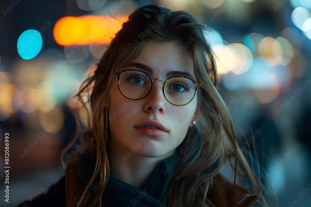 Woman in Glasses on Night Street. Generative by AI Woman in Glasses on Night Street. Generative by AI