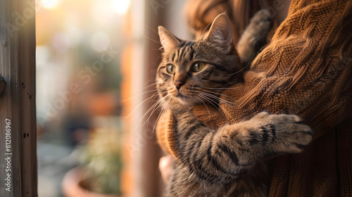 Cozy pet cat resting on sitters arm at sunset. Generative by AI photo
