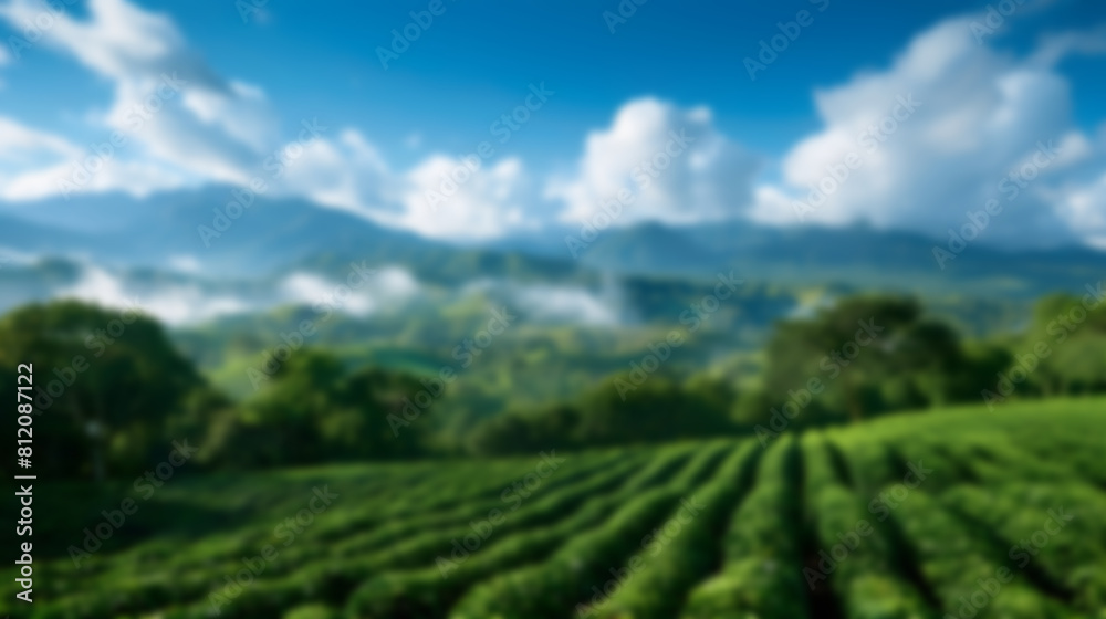 Blurry Green Field With Background Mountains. Generative AI