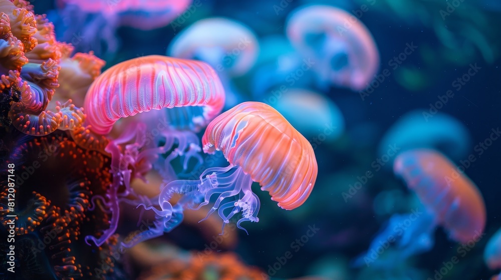 Neon Marine Life Aquatic Ecosystems: A photo of neon-colored marine life thriving in aquatic ecosystems